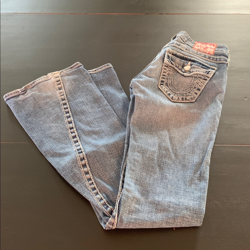 True Religion distressed Blue low rise wide leg Jeans